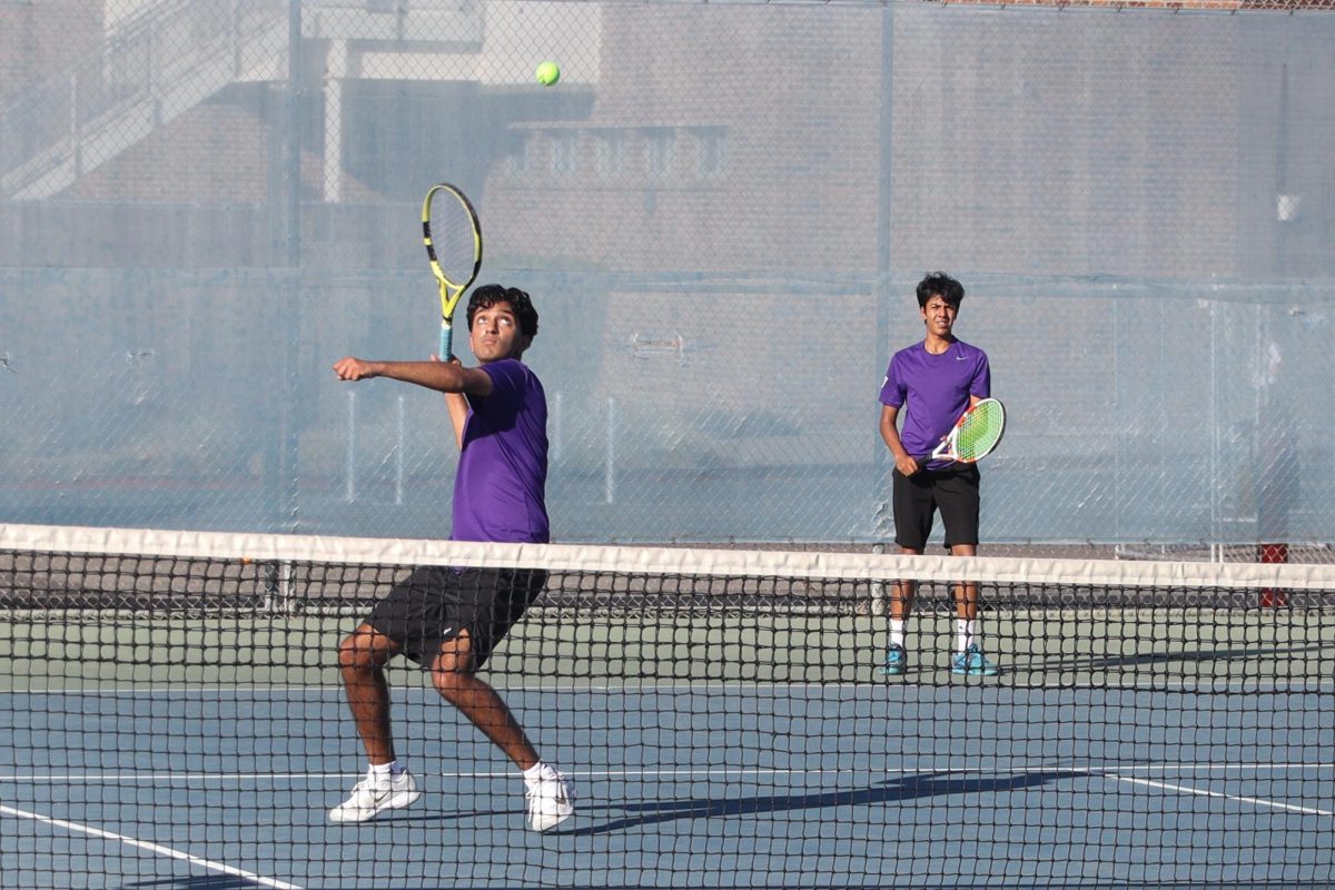 Senior Pranay Subramanian raises his racket in preparation to volley the ball. Photo | Raj Thapliyal
