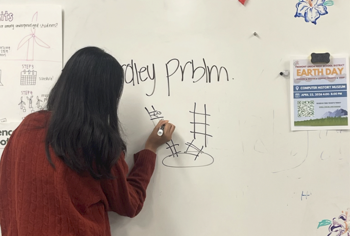 Aanya Padhi diagrams the trolley problem while discussing a case during an Ethics Bowl meeting. Photo | Fiona Chen