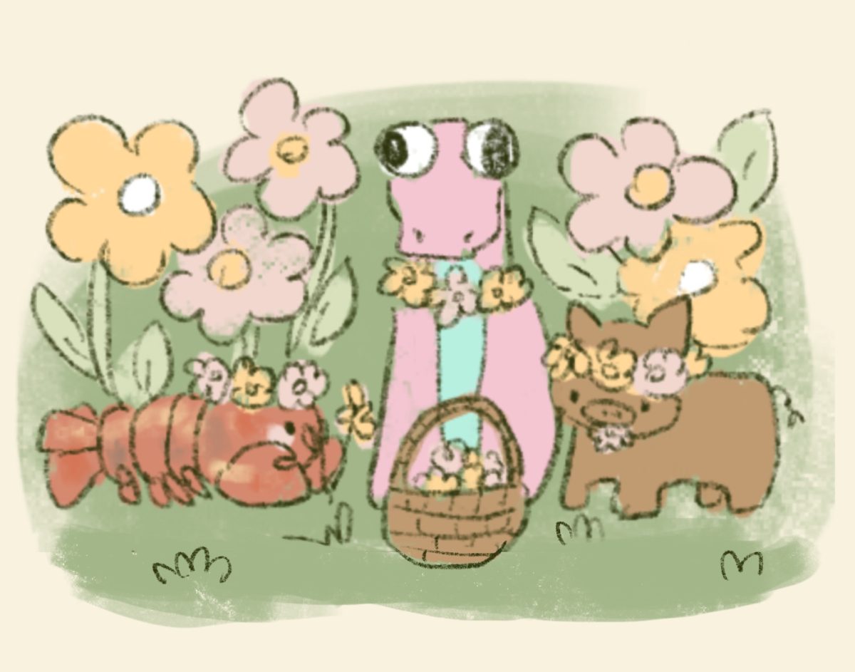 albert makes flower crowns with his friends. 