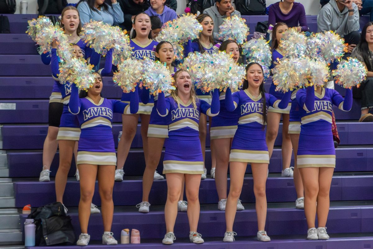 The MVHS cheer team cheers for Varsity Girls Basketball in their CCS quarterfinals game. Photo | Leo Lee