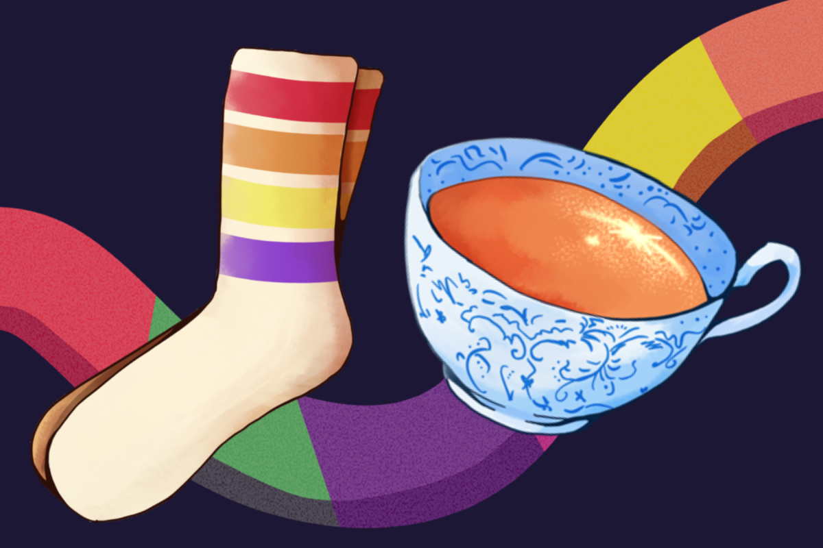 Some MVHS students' "whimsy hacks" include wearing fun socks and drinking tea daily. Graphics | Amberly Sun 