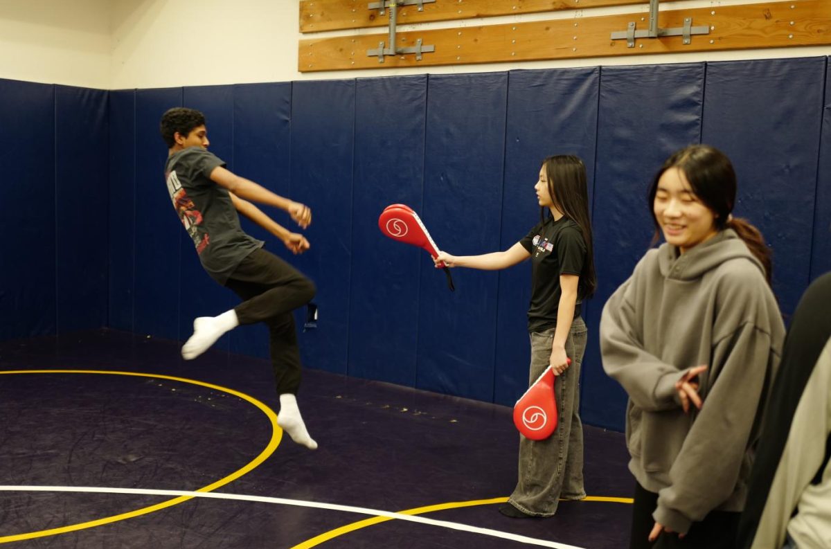 Sophomore and co-president Kolina Law holds up a kicking target for a Taekwondo Club member to practice. Photo courtesy of Anderson Wang | Used with permission

