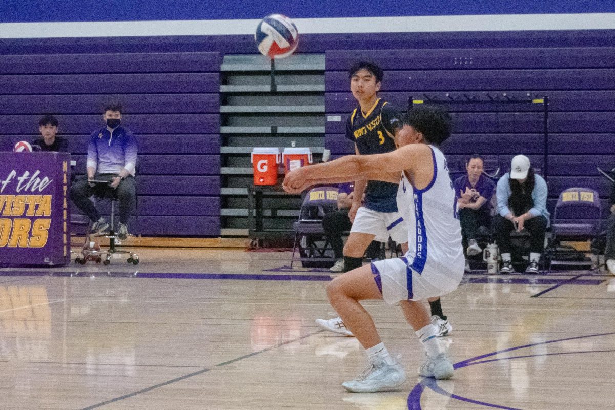 Sophomore and defensive specialist Finn Ancheta receives a serve from the Spartans. Photo | Sania Nadkarni