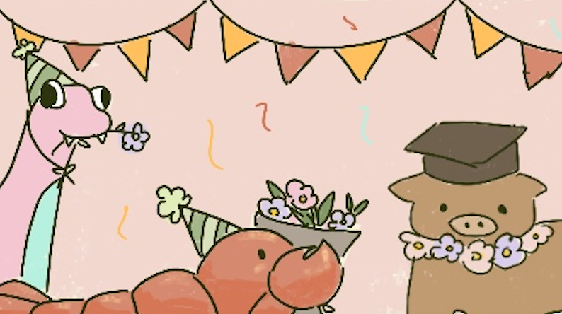 jarney and albert gift mr. piggy a bouquet, celebrating his graduation. 