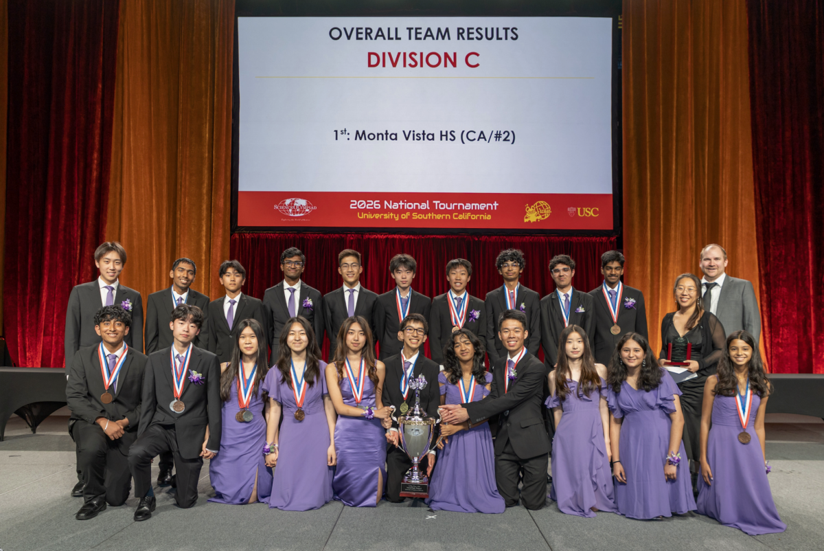 The 2025-2026 MVHS Science Olympiad Team poses for a photo after winning first place at the awards ceremony. Photo courtesy of Elaina Pan | Used with permission 