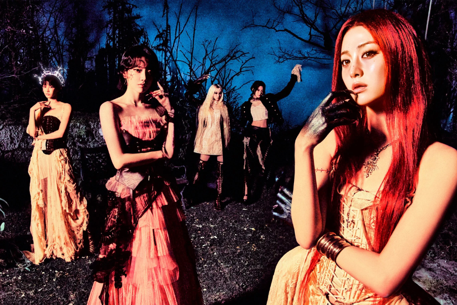 LE SSERAFIM members pose for promotional images for “‘PUREFLOW’ pt. 1.”  Photo courtesy of SOURCE MUSIC